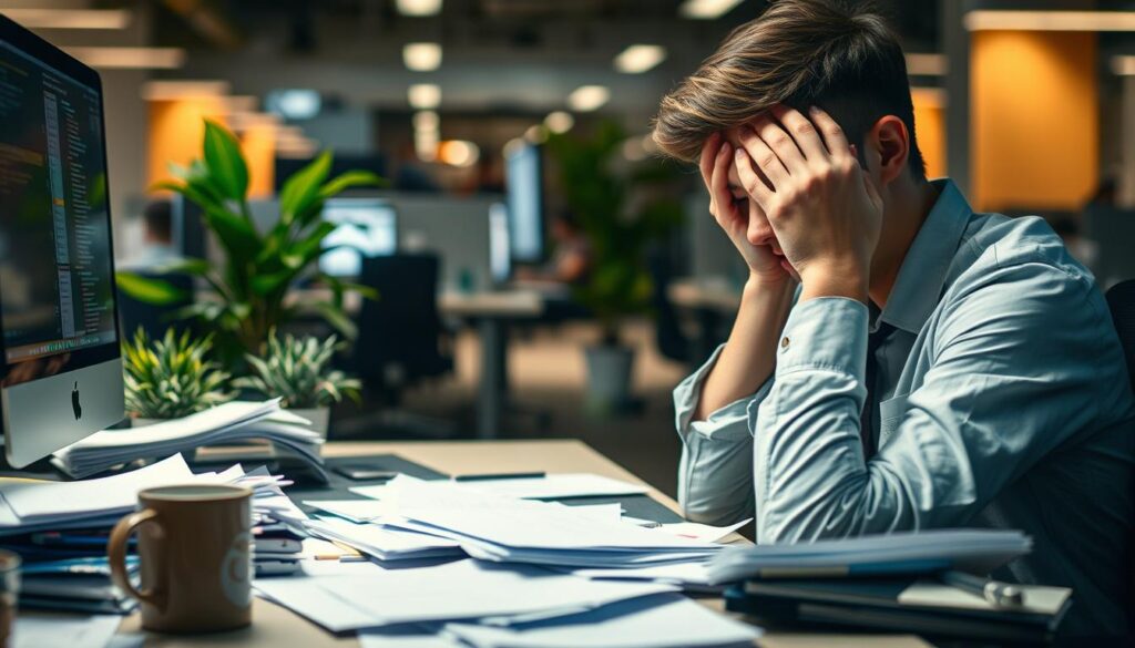 A close-up of a tired, stressed employee sitting at a cluttered desk in a modern office environment. The foreground shows disheveled papers, an empty coffee cup, and a computer screen with notifications piling up. The employee, a young adult in professional attire, has a weary expression, their body slumped forward with a hand on their forehead, conveying frustration and exhaustion. In the middle ground, soft-focus office plants and dim lighting create a slightly chaotic yet relatable atmosphere. The background features blurred office equipment and colleagues at their cubicles, hinting at a busy corporate environment. The overall lighting is subdued, casting a warm yet melancholic glow, emphasizing the feeling of burnout and overwhelm.
