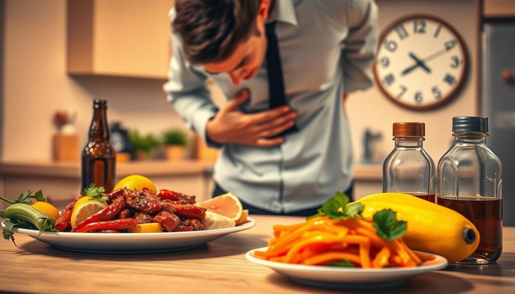 A conceptual illustration depicting the causes of stomach acidity, featuring a balanced composition. In the foreground, a plate of spicy food, citrus fruits, and a bottle of coffee represents common dietary triggers. The middle ground includes a thoughtful person in professional attire, clutching their stomach in discomfort, symbolizing the human impact of these factors. In the background, a subtly blurred kitchen environment with a clock indicating late meal times underscores the hectic lifestyle contributing to digestive issues. Soft, warm lighting creates a relatable and contemplative mood, enhancing the scene’s emotional depth. The angle should be slightly tilted to add interest, capturing both the foreground details and the broader context of lifestyle effects on stomach health. No text overlays or watermarks present.