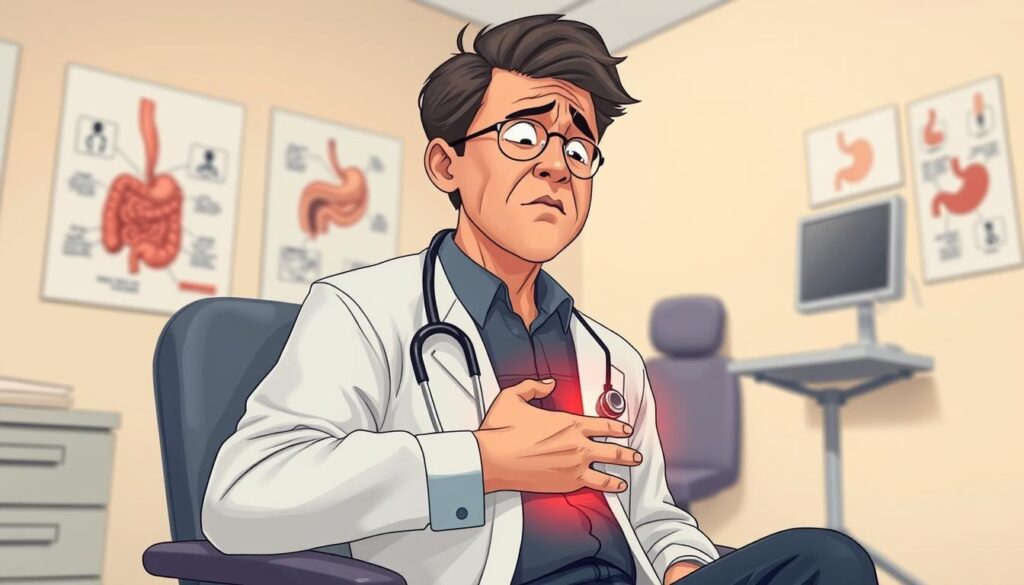 A detailed illustration depicting the symptoms of gastritis (as the subject) in a clinical setting. In the foreground, show a concerned adult seated in a doctor's office, holding their stomach, wearing professional attire, with a pained expression. In the middle ground, include medical charts or diagrams of the digestive system on the wall, providing context. The background features a softly lit examination room with neutral colors, creating a calm atmosphere. Use natural lighting to enhance the sense of realism, with a focus on warm tones to evoke empathy. The angle should be slightly above eye level, capturing the individual's expression and surrounding medical environment. Aim for a clear, informative, and approachable mood that resonates with readers.