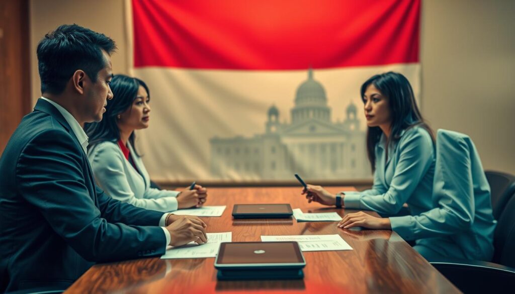 A dynamic scene illustrating the role of political ethics in Indonesia's democracy. In the foreground, a diverse group of three professionals, including a man and woman of different ethnic backgrounds, is engaged in a discussion, all wearing smart business attire. In the middle, a large wooden table covered with documents and a digital tablet symbolizes decision-making processes. The background features the Indonesian flag and a silhouette of a government building, hinting at institutional governance. Soft, ambient lighting creates a warm atmosphere, while a slight focus blur on the background emphasizes the foreground group. The overall mood conveys collaboration, integrity, and the importance of ethical considerations in democratic governance. A dynamic scene illustrating the role of political ethics in Indonesia's democracy. In the foreground, a diverse group of three professionals, including a man and woman of different ethnic backgrounds, is engaged in a discussion, all wearing smart business attire. In the middle, a large wooden table covered with documents and a digital tablet symbolizes decision-making processes. The background features the Indonesian flag and a silhouette of a government building, hinting at institutional governance. Soft, ambient lighting creates a warm atmosphere, while a slight focus blur on the background emphasizes the foreground group. The overall mood conveys collaboration, integrity, and the importance of ethical considerations in democratic governance.