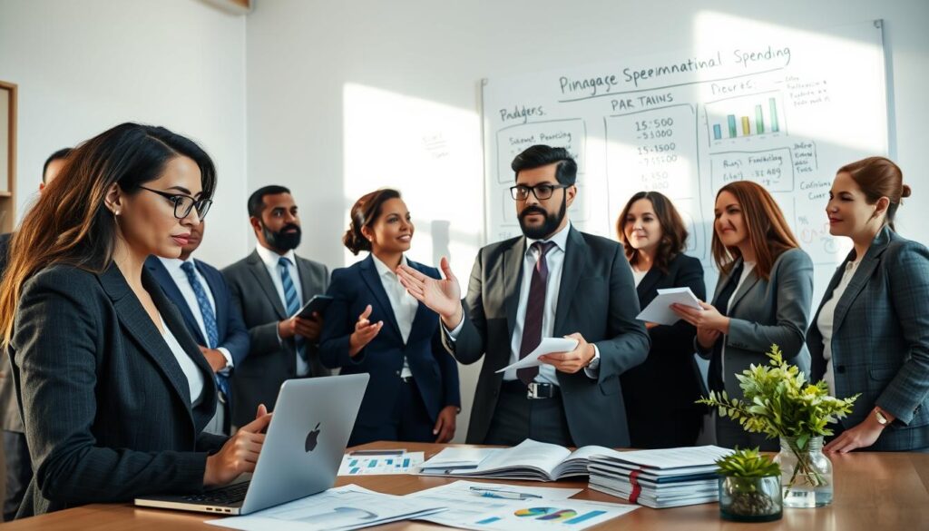 A professional setting depicting a diverse group of individuals in business attire, surrounded by charts, financial reports, and a whiteboard filled with strategies to manage spontaneous spending. The foreground shows a focused woman, analyzing a budget plan on a laptop, with a thoughtful expression. In the middle, a man gestures enthusiastically as he explains a new budgeting method to his colleagues, creating an engaging discussion. The background features a large window with natural light streaming in, casting soft shadows. The overall atmosphere is one of collaboration and determination, emphasizing the theme of effective financial management and control over spontaneous expenses. The lighting is bright and inviting, enhancing the professional yet approachable mood.