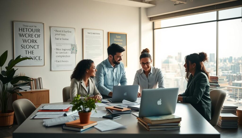 A serene workspace setting promoting strategies to combat work burnout. In the foreground, a diverse group of three professionals, dressed in smart business attire, engage in a collaborative discussion around a large table strewn with notes, an open laptop, and a potted plant. The middle ground features a soft, warm light filtering through a large window, illuminating motivational posters on the walls and a cozy reading nook with stacked books. In the background, a calm cityscape can be seen through the window, suggesting an urban environment. The overall atmosphere is one of positivity and teamwork, with an emphasis on mental well-being and rejuvenation. Focus on soft lighting to evoke a sense of comfort and hope.