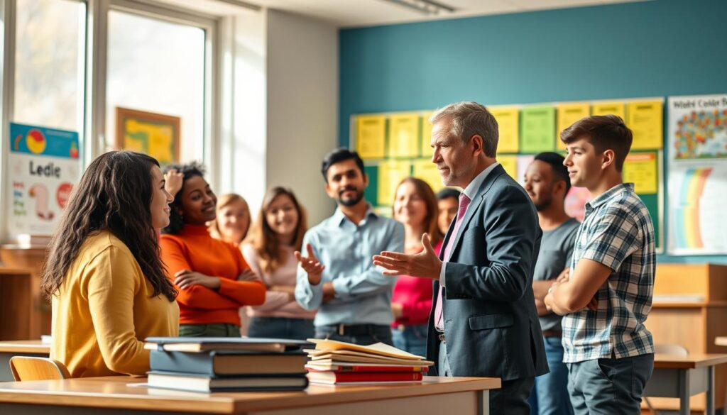A thoughtful educator stands in a well-lit classroom, engaging with a diverse group of students—young teens of various backgrounds—each displaying expressions of interest and curiosity. The teacher, dressed in professional attire, gestures animatedly, illustrating a lesson on moral responsibility. In the foreground, a desk holds educational materials, symbolizing knowledge and guidance. The middle ground emphasizes the connection between the teacher and students, highlighting the importance of respectful interaction. In the background, colorful educational posters adorn the walls, creating a warm, inviting atmosphere. Soft, natural light filters in through large windows, enhancing the positive mood of support and encouragement in the learning environment. The overall composition conveys a sense of duty, care, and the impact of a committed educator on students' moral development.
