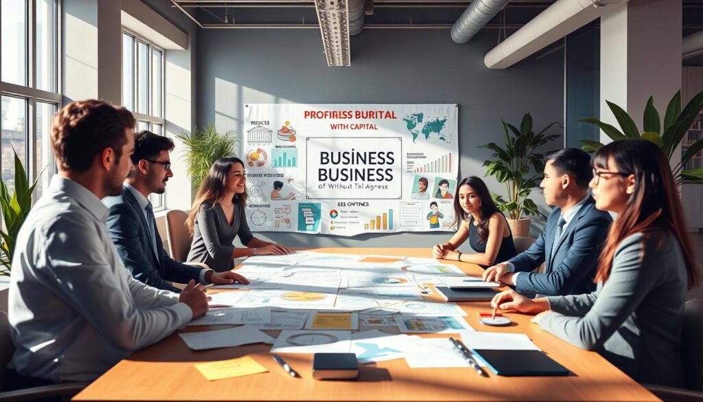 A visually engaging workspace featuring various profitable business ideas without capital. In the foreground, a diverse group of individuals, dressed in professional business attire, brainstorm around a table filled with colorful charts and notes. In the middle, a vision board displays illustrations of digital products, freelance services, and online consulting. The background features a bright, modern office environment with large windows letting in natural light, creating an optimistic and inspiring atmosphere. Soft shadows cast over the workspace emphasize creativity and collaboration, while plants in the corners add a touch of warmth. The scene conveys a sense of entrepreneurship, innovation, and community.