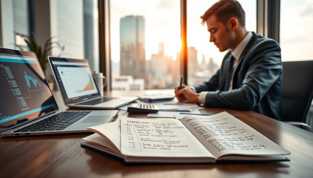 A well-organized desk in a modern office setting where a professional individual, dressed in smart business attire, is meticulously recording expenses and income in a notebook. In the foreground, an open notebook filled with handwritten notes and calculations rests on the desk, alongside a laptop displaying financial software. In the middle, a calculator and various financial documents are scattered neatly, suggesting careful planning. The background features a soft-focus view of an inspiring cityscape through a large window, bathed in warm, natural light, creating an inviting atmosphere. The mood is one of productivity and focus, emphasizing the importance of financial management in daily life.