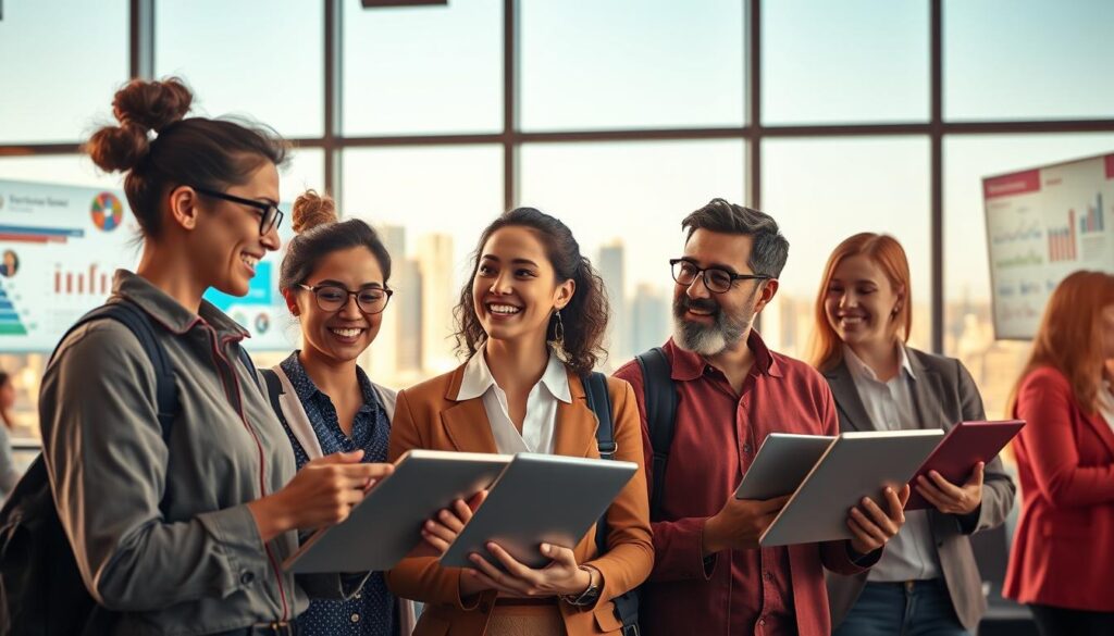 A vibrant digital scene illustrating the theme of accessible information and digital education. In the foreground, a diverse group of individuals, including a young woman and a middle-aged man, are engaged in an animated discussion while using tablets and laptops, showcasing their professional attire. The middle ground features a modern, well-lit co-working space with various screens displaying educational content and infographics on walls. The background reveals a city skyline through large windows, bathed in warm, natural light that enhances the optimistic atmosphere. The overall mood is inspiring and collaborative, symbolizing the positive impacts of technology on society, with a focus on connectivity and learning.